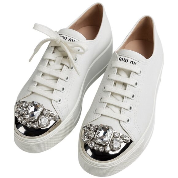 Miu Miu Swarovski Crystal Toe-Cap Nappa Leather Sneakers White Platform 40.5-10 - Picture 16 of 16